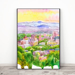 Asheville, NC Wall Art Skyline, Cityscape Watercolor Painting City Art Print, North Carolina Landscape, Travel Poster by Valentina Ra