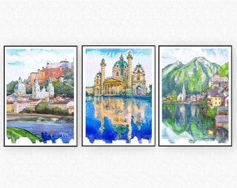 Austria Art Prints set of 3 Watercolor Painting Alps Mountain wall art Landscape, European Travel poster city - Vienna, Salzburg, Hallstatt