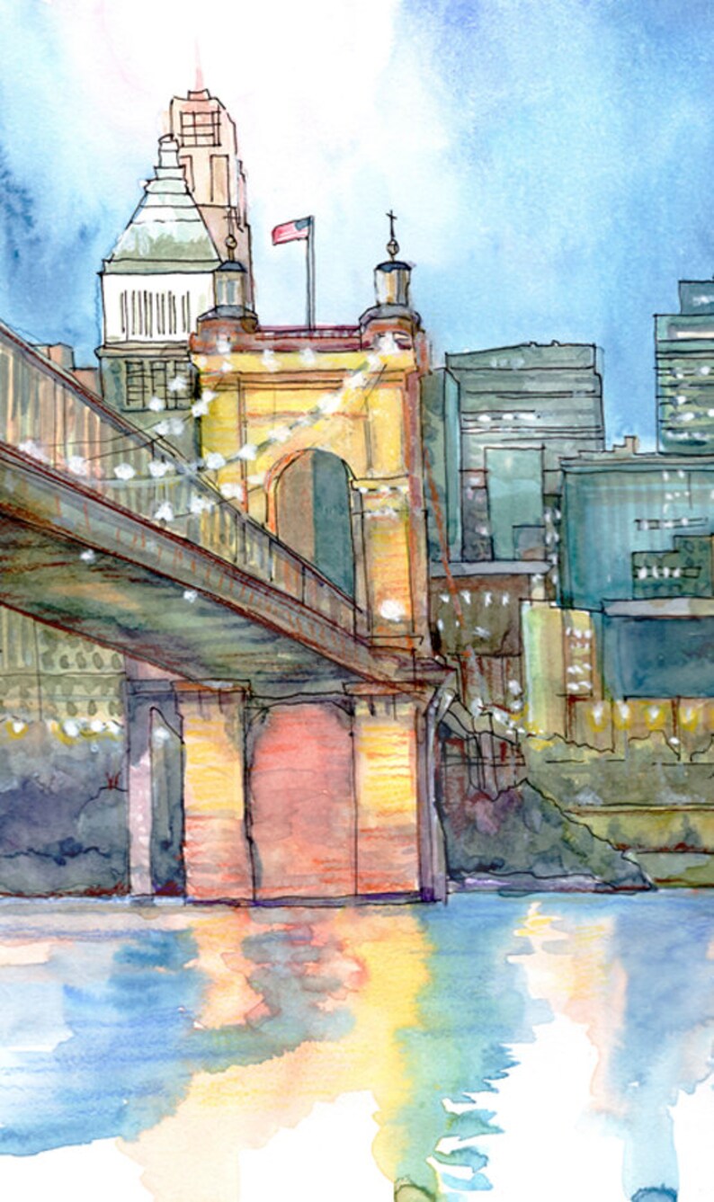 Cincinnati Skyline Wall Art Print Watercolor Painting Etsy
