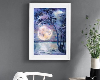 月の絵画 水彩画、夜空のプリント、満月の装飾 アート by Valtntina Ra