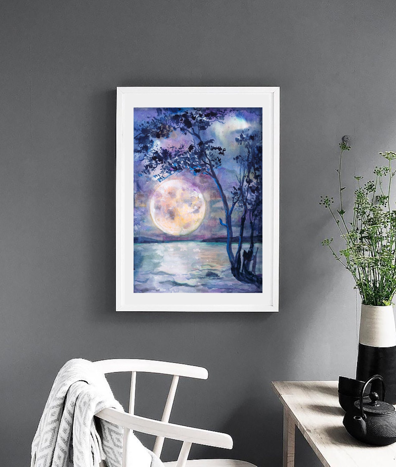 月の絵画 水彩画、夜空のプリント、満月の装飾 アート by Valtntina Ra