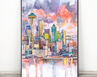 Seattle Wall Art, Skyline Watercolor Painting Print, Landscape Sunset Cityscape Travel Poster
