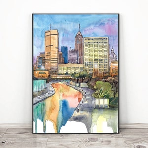 Arte de la pared del horizonte de Indianápolis, impresión de arte de la ciudad de Indana, pintura del paisaje urbano de la acuarela