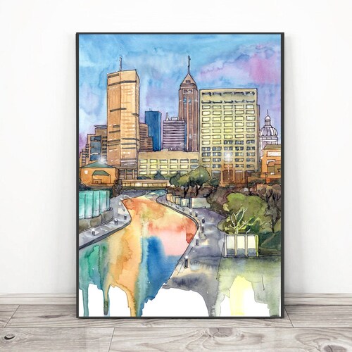 Indianapolis  Skyline Wall Art, Indana City Art Print, Watercolor Cityscape Painting
