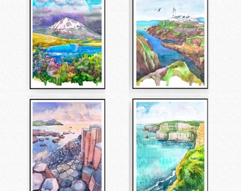 Ireland prints set of 4 Wall Art,  Irish Watercolor Painting Landscape,  Travel poster European city print