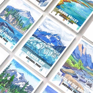 Lot de 12 cartes postales sur les parcs nationaux - Lot de 12 cartes postales Postcrossing Art, lot d'impressions aquarelles de l'Alaska n°3 par Valentina Ra