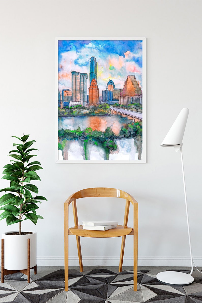 Austin Texas Wall Art Skyline Cityscape Watercolor Painting Etsy