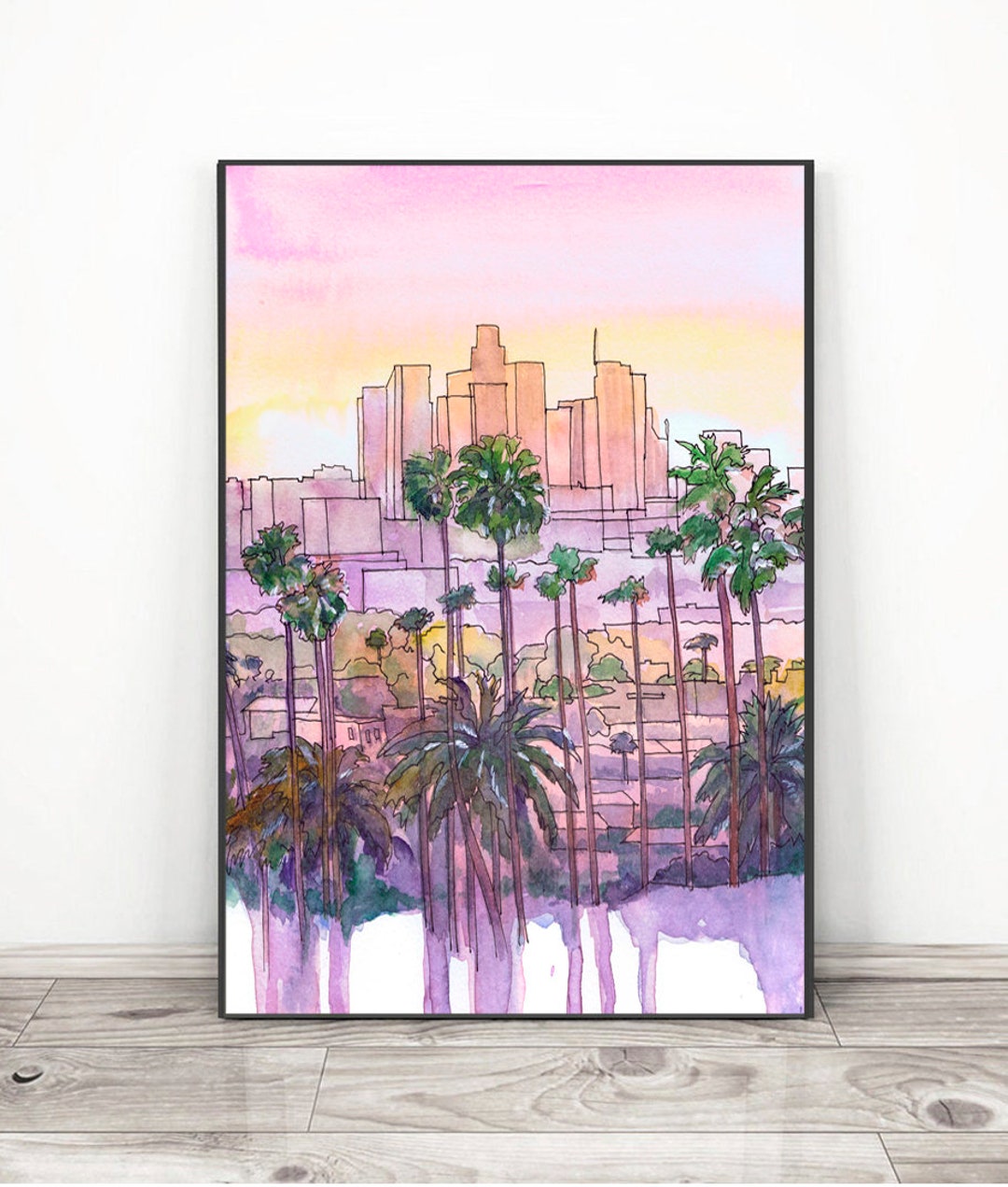 Los Angeles Art Print Skyline Watercolor Painting, California Landscape