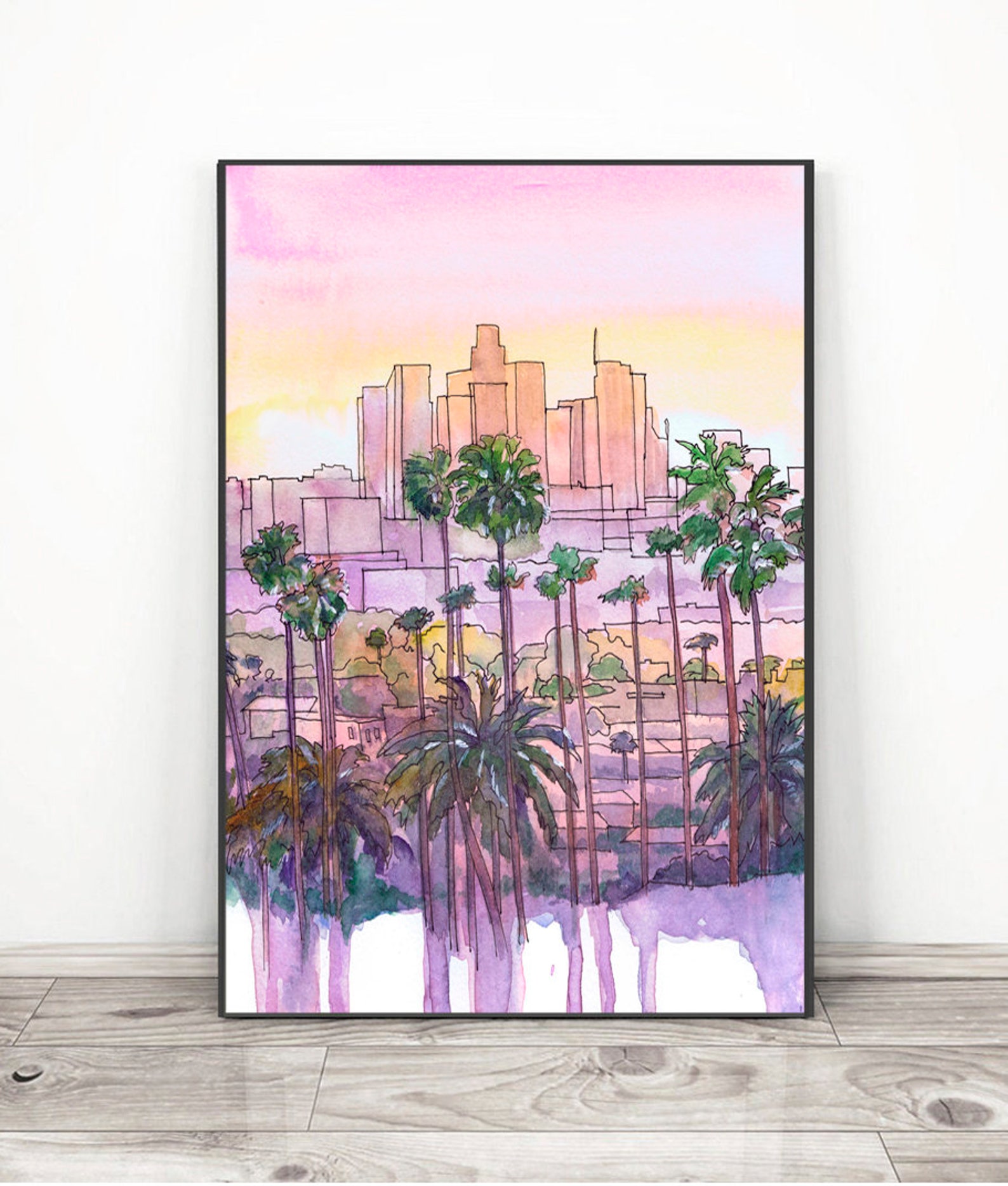 Los Angeles Art Print Skyline Watercolor Painting California Etsy