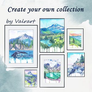 K&ouml;nnte beinhalten: Eine Sammlung gerahmter Aquarell-Landschaftsbilder mit Bergen, Seen und W&auml;ldern. Die Kunstwerke zeigen auch eine Walflosse. Der Text "Create your own collection by Valrart" befindet sich oben.