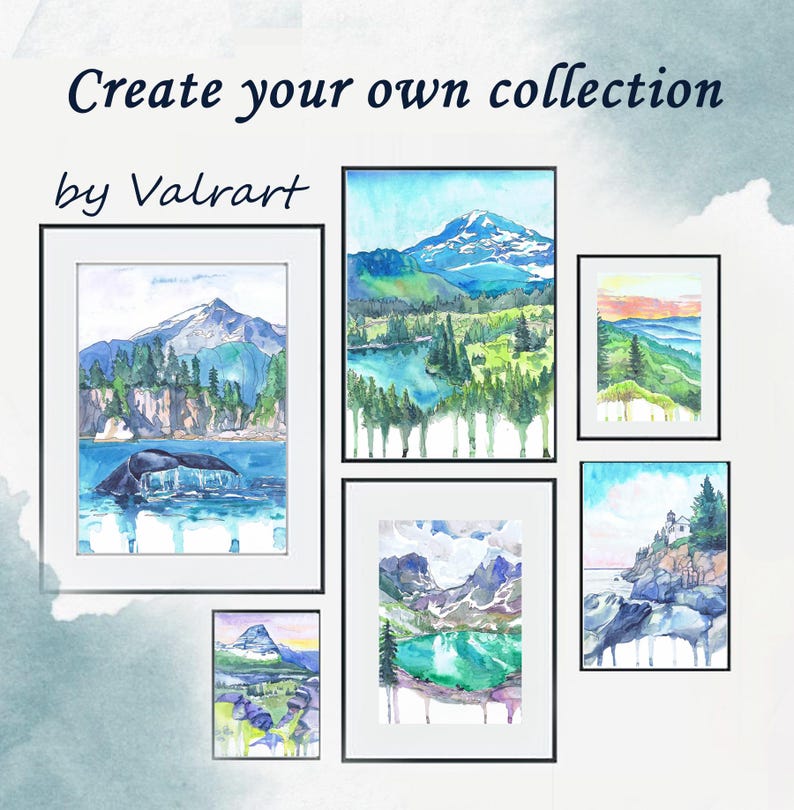 K&ouml;nnte beinhalten: Eine Sammlung gerahmter Aquarell-Landschaftsbilder mit Bergen, Seen und W&auml;ldern. Die Kunstwerke zeigen auch eine Walflosse. Der Text "Create your own collection by Valrart" befindet sich oben.