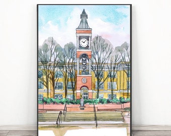 Impresión artística de la Universidad Estatal de Sam Houston, Huntsville, Texas, arte mural, paisaje urbano en acuarela, impresión de graduación