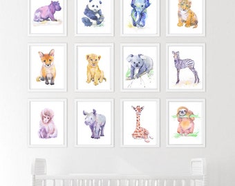 Bébé Animaux Nursery Decor Set de 12 Prints Aquarelle Peinture Garçon Fille Art Mural Aquarelle Imprimer Nursery Impressions Nouveau-né Cadeau Animal