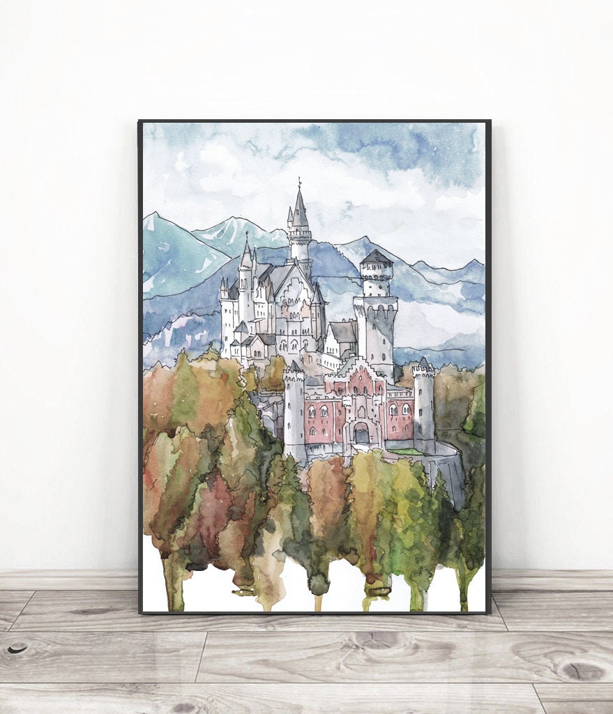 ドイツ　　ノイシュヴァンシュタイン城の水彩画 ノイシュヴァンシュタイン城の絵画、城壁アート ヨーロッパ
