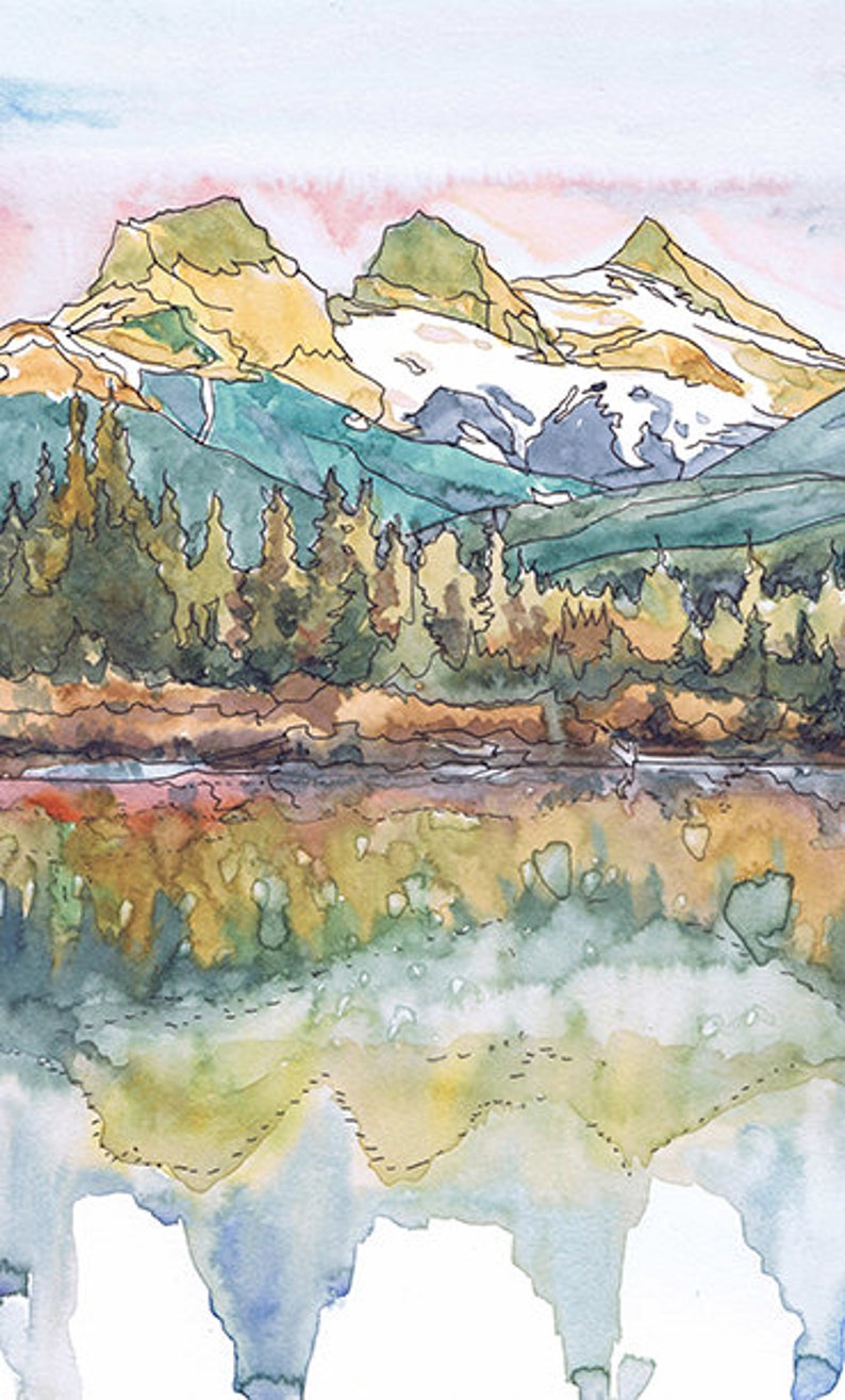 Three sisters Mountain Wall Art Oregon Watercolor Landscape Etsy