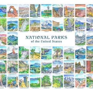 May include: A colorful illustration of all 63 National Parks of the United States. Each park is depicted in a small square with a watercolor-style image of a prominent feature of the park. The title "NATIONAL PARKS of the United States" is displayed in a blue banner across the top of the image.
