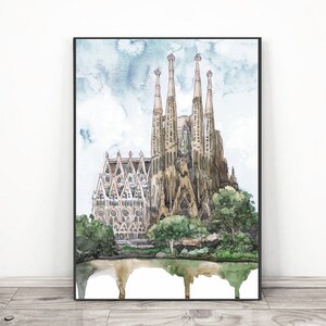 Barcelona Skyline, Sagrada Familia Art Print, Water Color Cityscape ...