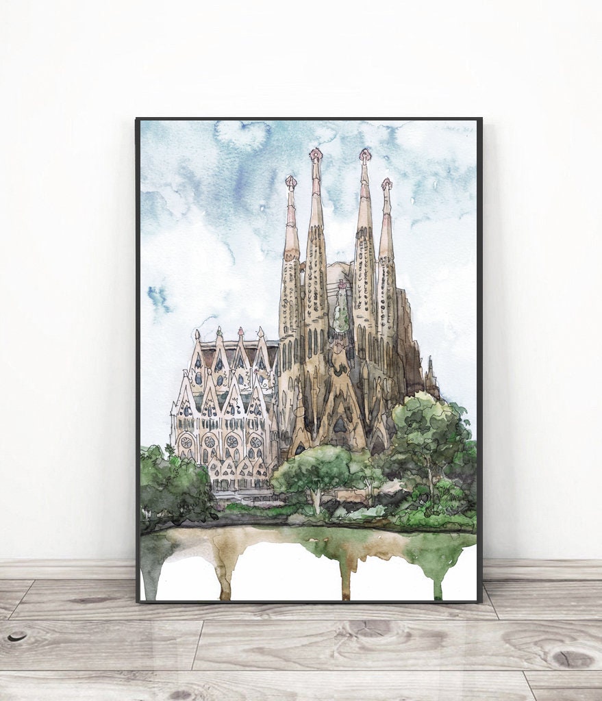 Barcelona skyline Sagrada familia Art Print Water color | Etsy