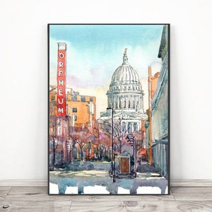Madison Wi Art Print Skyline Wisconsin Wandkunst, Stadtansicht Aquarell von Valentina Ra