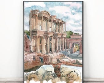 エフェソス絵画トルコ版画、古代遺跡アート水彩画壁アートアジア旅行