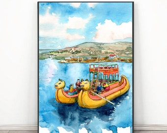 Lake Titicaca Bolivia Art Print, Watercolor Painting Wall art, South America landscape decor Latin america Travel poster by Valentina Ra