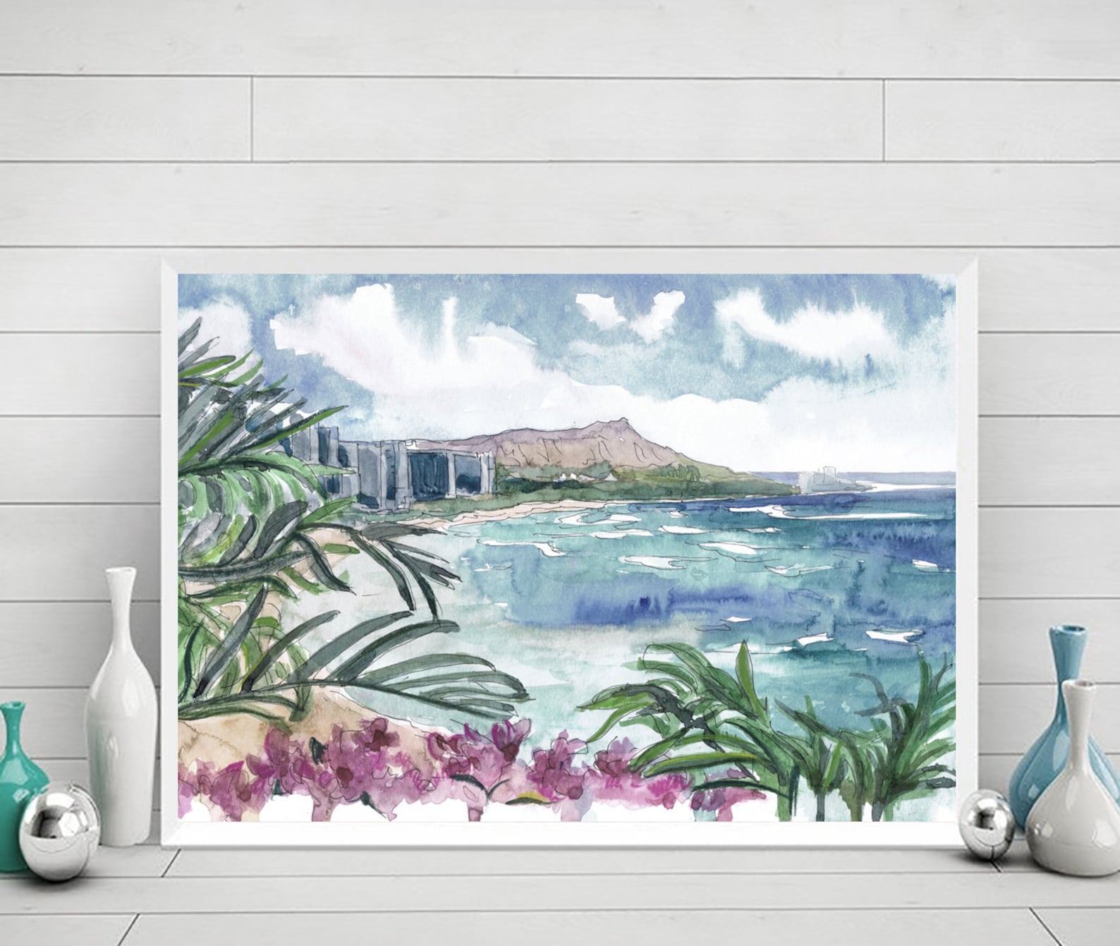 Honolulu Hawaii Wall Art Print Coastal Watercolor Beach Etsy