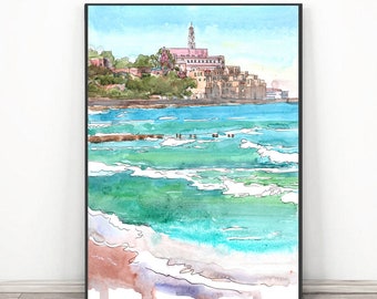 Tel Aviv Malerei Israel Wall Art Print, Jaffa Strand Aquarell asiatische Reise Poster - Naher Osten Stadt Druck