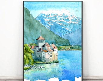 Lake Geneva - Switzerland painting  Lac Leman Swiss Alps Mountain Wall Art, Watercolor landscape Travel poster