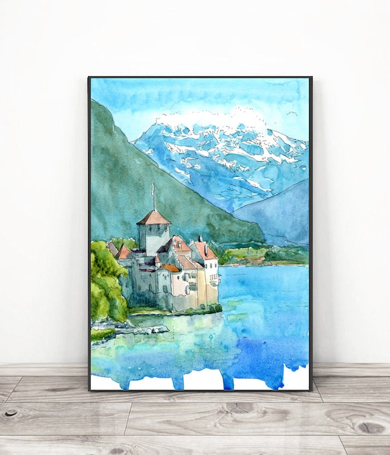 レマン湖 - スイスの絵画 レマン湖 スイスアルプス 山 壁アート、水彩