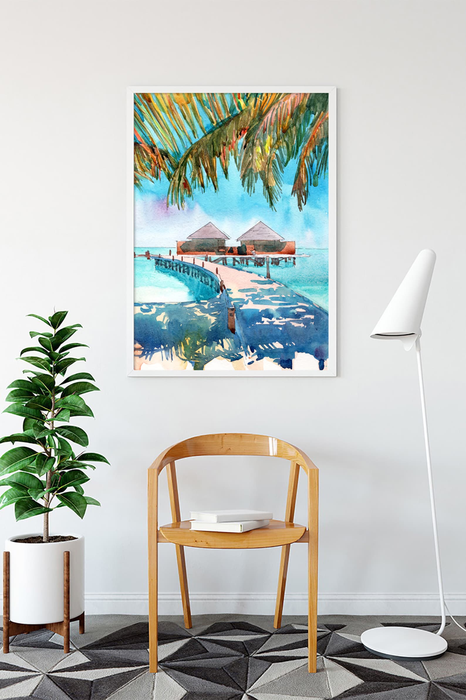 Maldives Art Print Palm Tree Beach Wall Art Watercolor Etsy