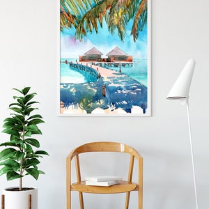 Maldives Art Print, Palm tree Beach Wall Art Watercolor Landscape Coastal Painting, Seascape Travel Poster image 4