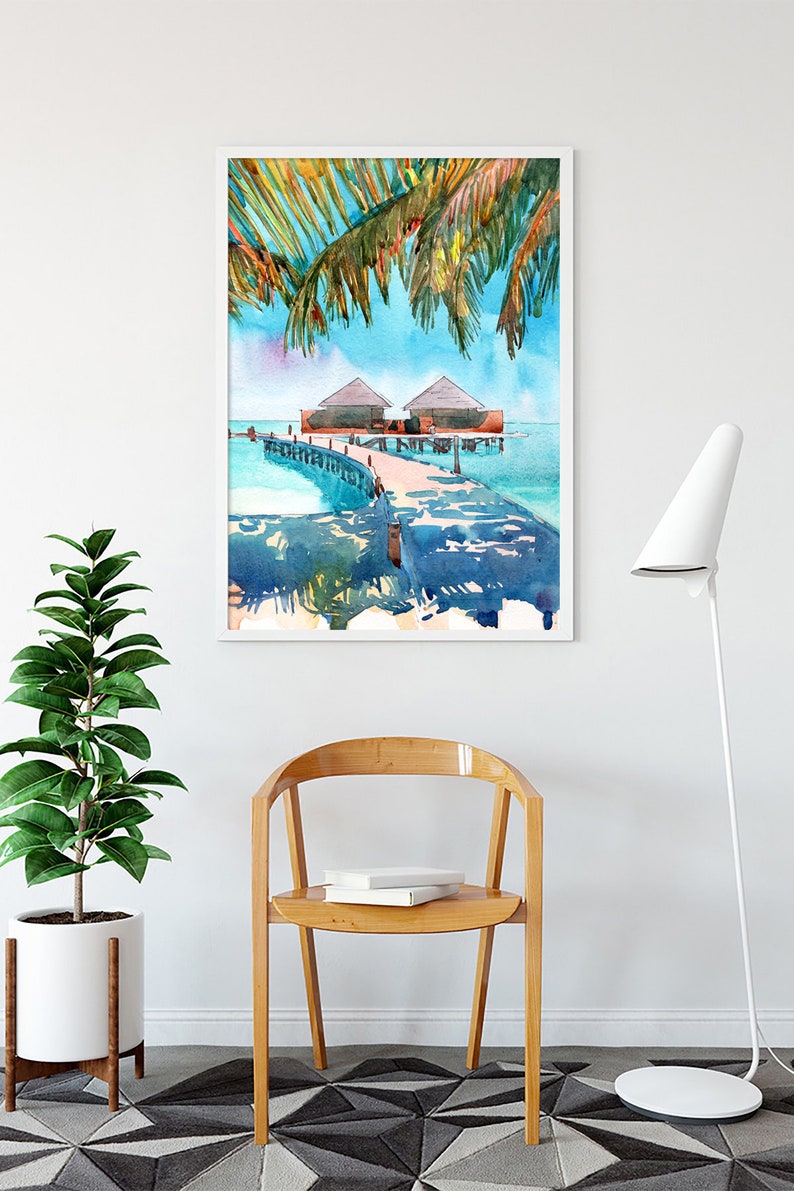 Maldives Art Print, Palm tree Beach Wall Art Watercolor Landscape Coastal Painting, Seascape Travel Poster image 4