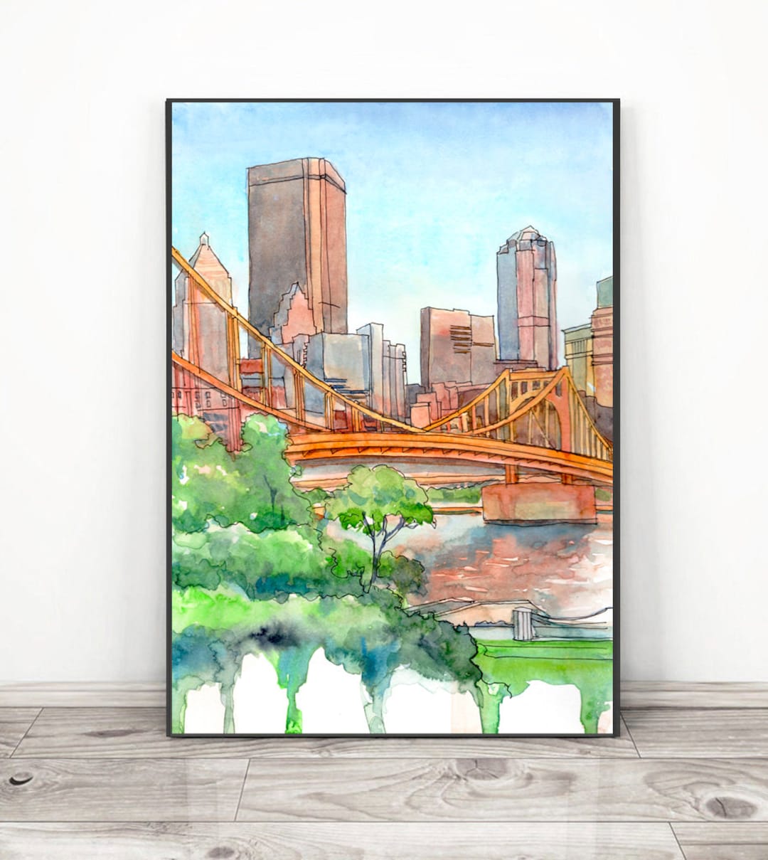 Pittsburgh Skyline Wall Art Print, Cityscape Watercolor Painting