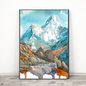 Impresión de arte de Himalaya Nepal - Arte de pared de montaña Ama Dablam, cartel de escalada en roca del Monte Everest, paisaje de pintura de acuarela de siete cumbres