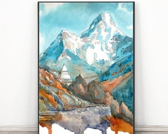 Himalayas Nepal Kunstdruck - Ama Dablam Berg Wand Kunst, Mount Everest Klettern Poster, Sieben Gipfel Aquarell Malerei Landschaft