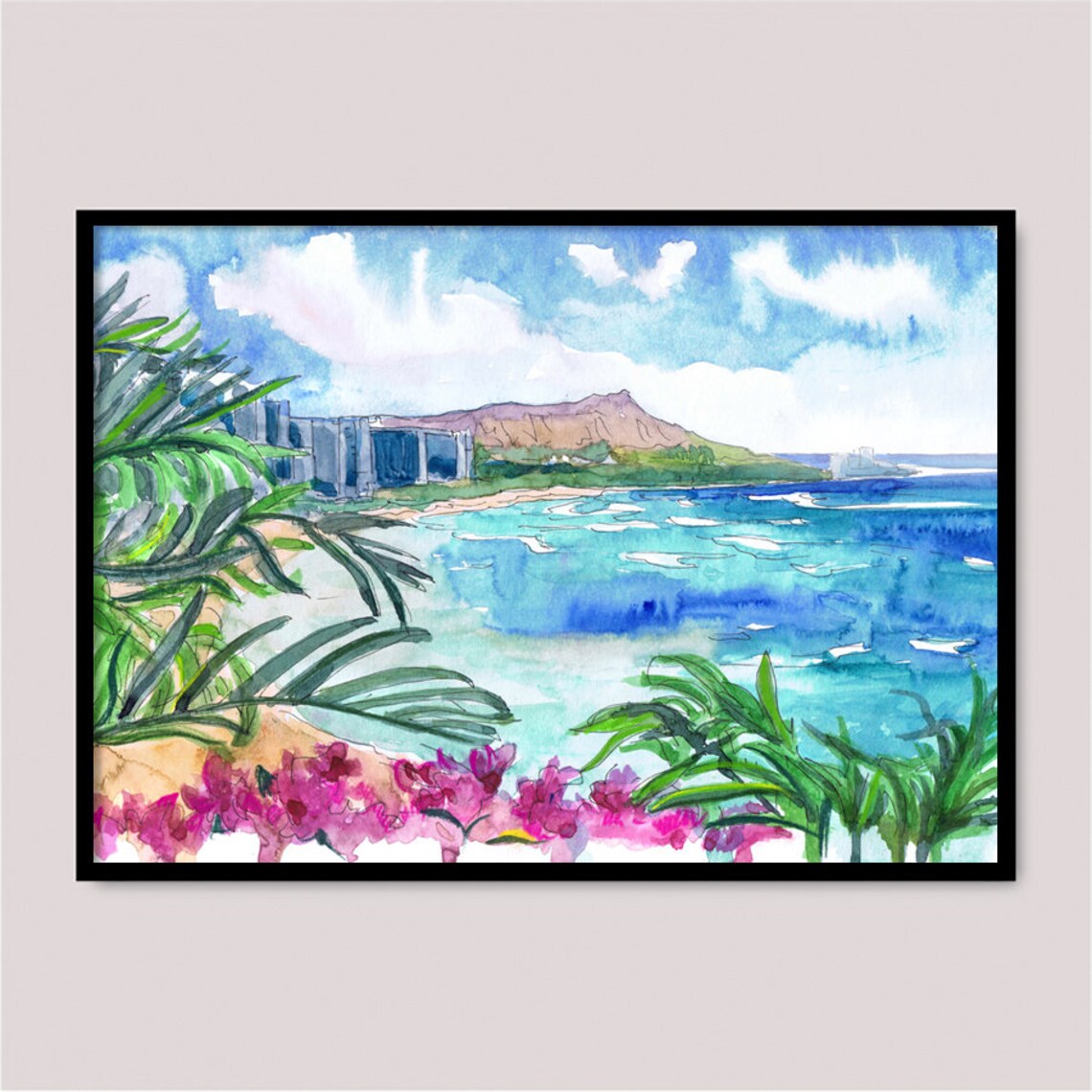 Honolulu Hawaii Wall Art Print Coastal Watercolor Beach Etsy UK