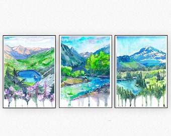 National parks Washington Set of 3 Prints Watercolor Painting - Mount Rainier, North Cascades, Olympic