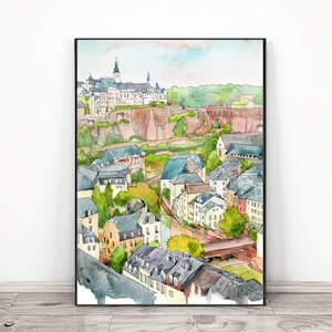 Luxembourg poster print - Watercolor painting European city print, Europe Skyline Abstract Cityscape wall art