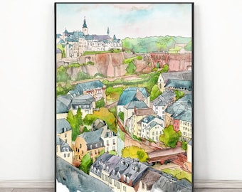 Luxembourg poster print - Watercolor painting European city print, Europe Skyline Abstract Cityscape wall art