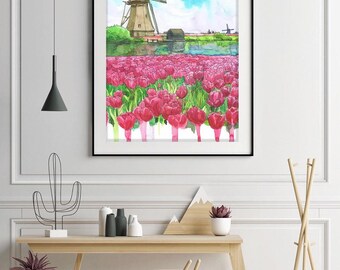 オランダの風車の絵画、チューリップ畑の水彩画、オランダの風景旅行