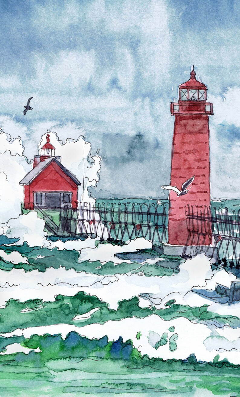 Lake Michigan Art Grand Haven Lighthouse Watercolor Painting | Etsy