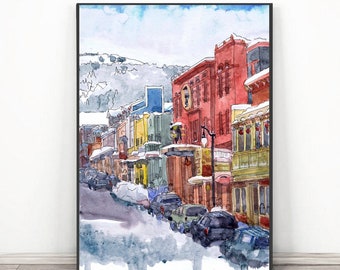 Park city Utah Print Watercolor Painting Landscape, Park city ski poster, Main street Cityscape Travel Poster