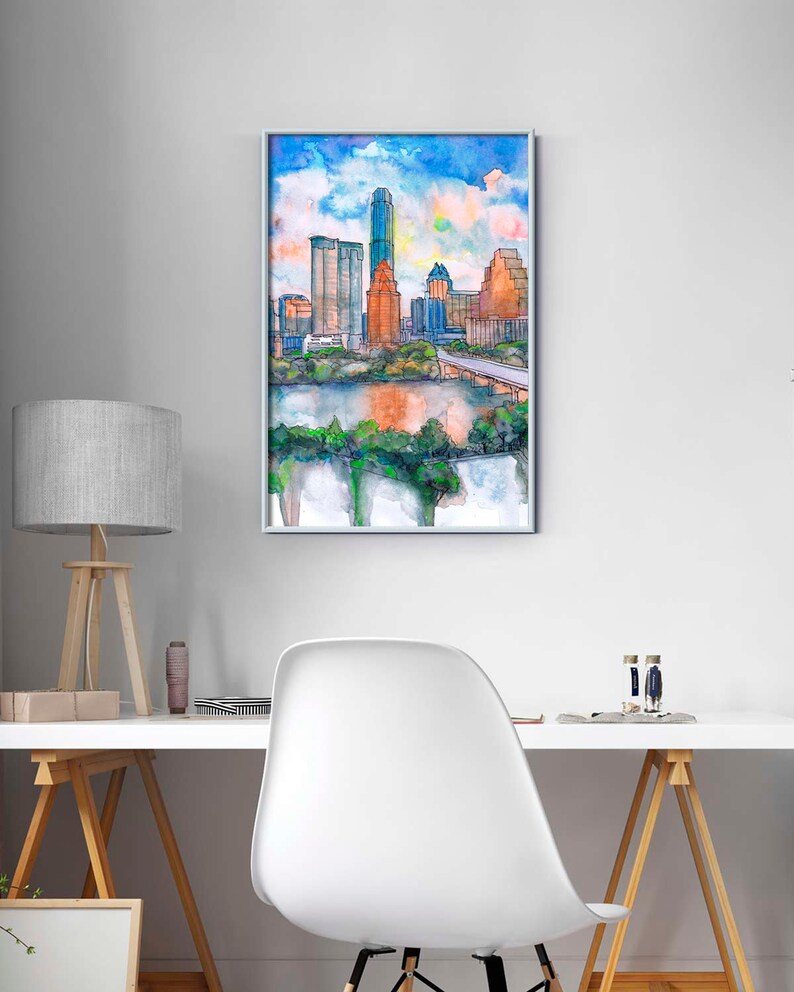 Austin Texas Wall art Skyline Cityscape Watercolor Painting Etsy