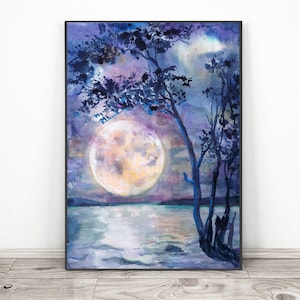Moon Painting Watercolor, Night sky Print, Full Moon decor Art by Valtntina Ra