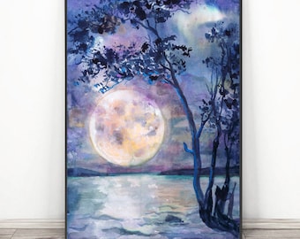 Moon Painting Watercolor, Night sky Print, Full Moon decor Art by Valtntina Ra