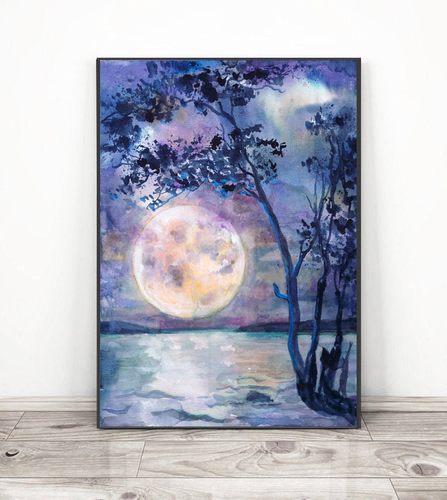 Moon Painting Watercolor Night Sky Print Full Moon Decor Art | Etsy