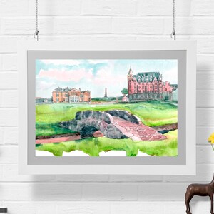 May include: A watercolor painting of a golf course with a stone bridge, a red brick building, and a tall white tower in the background.