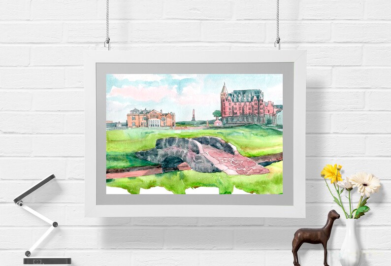 May include: A watercolor painting of a golf course with a stone bridge, a red brick building, and a tall white tower in the background.
