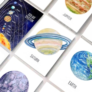 Planetenkunst 13 educatieve aquarellen van het zonnestelsel prints Homeschool-kaartkaarten, Flash-kaarten voor kinderen: zon, maan, planeten