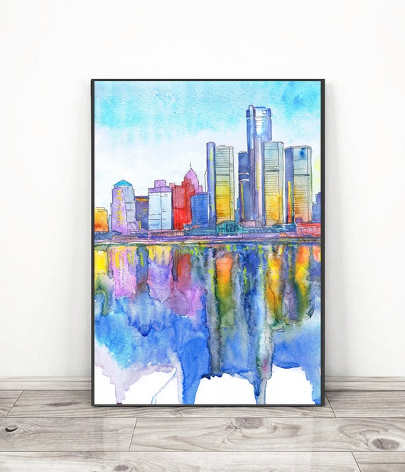 Detroit Skyline Art Print, Retro Urban Deco, Giclée Poster